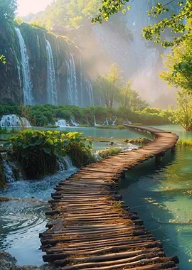 Wooden Path And Waterfall