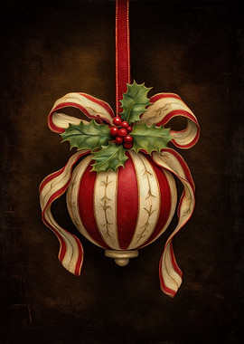 Christmas Ornament with Ribbon and Holly Berries