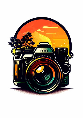 Camera with Sunset Landscape
