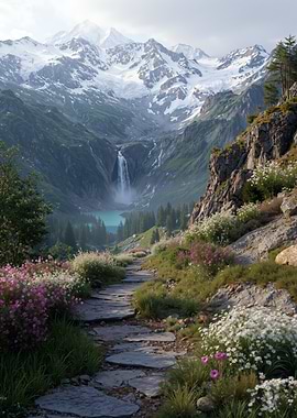 Waterfall Stone Path Meadow