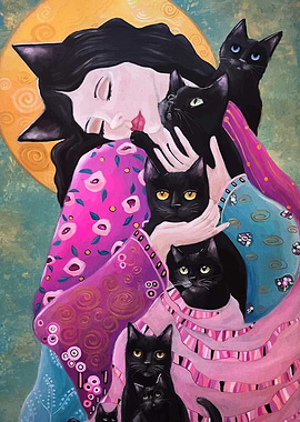 Woman with Black Cats Painting