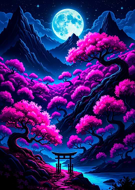 Pink Cherry Blossom Landscape with Torii Gate