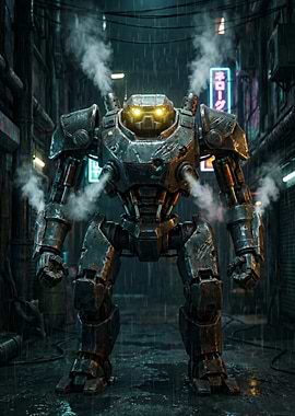Cyberpunk Robot in Rainy Alley