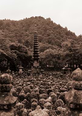 Japanese Pagoda and Stone Garden - Sepia tone