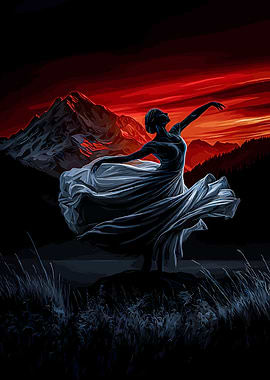 Dancing Woman Silhouette Mountain Sunset