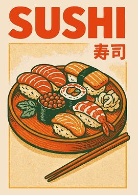 Sushi Plate Japanese Food Wall Art, Kitchen Decor Print, Sushi Roll Print, Modern Dining Room Poster