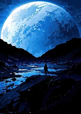Blue Moon Landscape with Figure