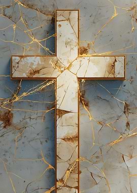 Cracked Marble Cross with Gold Veins