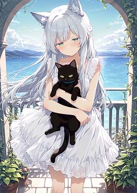 Anime Girl with Cat by the Sea