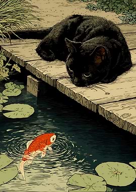 Black Cat and Koi Fish