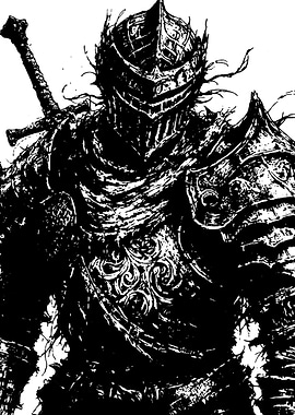 Black and White Armored Knight Illustration