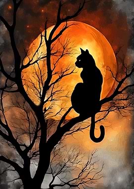 Black Cat Silhouette on Tree Branch