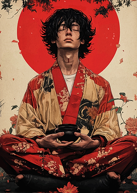 Meditative Figure in Kimono with Red Sun