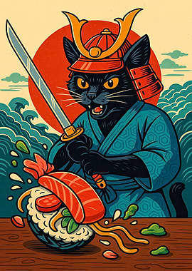 Samurai Cat Cutting Sushi