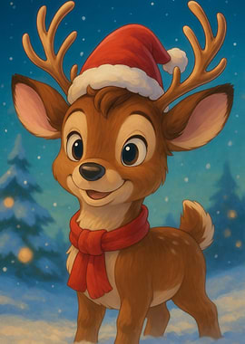 Cartoon Reindeer with Santa Hat