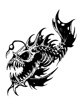 Skeletal Anglerfish Black and White Illustration