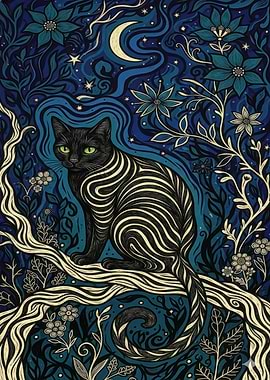 Mystical Black Cat in Floral Night