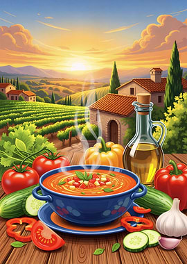 Gazpacho Soup in Tuscany Landscape