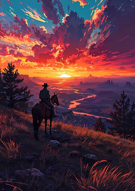 Cowboy on Horseback at Sunset