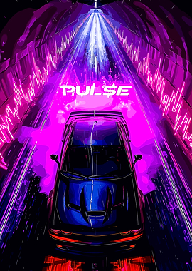 Blue Car in Neon Tunnel