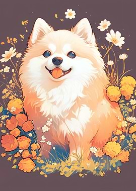 Happy Dog Surrounded by Flowers