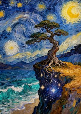 Starry Night Tree on Cliff