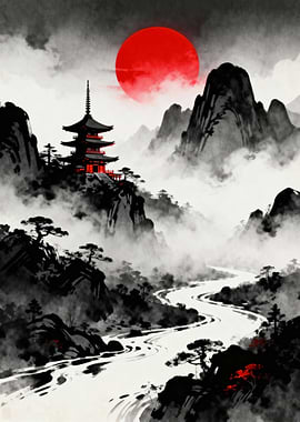 Japanese Pagoda Landscape with Red Sun