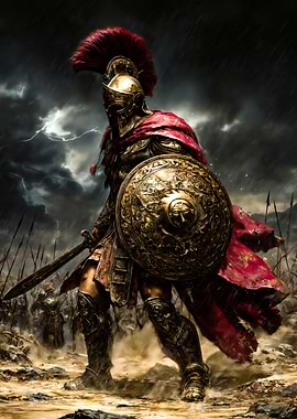 Spartan Warrior in Stormy Epic Battlefield