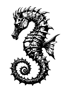 Detailed Black and White Seahorse Illustration