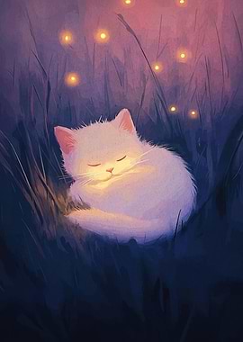 Sleeping Kitten in Field of Fireflies