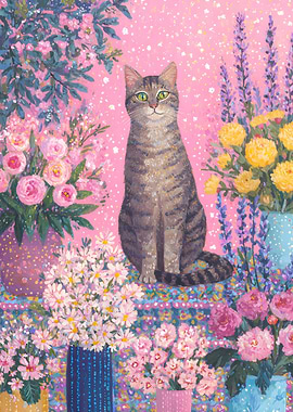 Cat among flowers painting