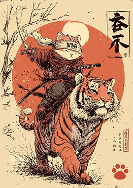 Cat Samurai Riding a Tiger