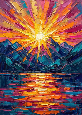 Impasto Sunrise Over Mountains and Lake