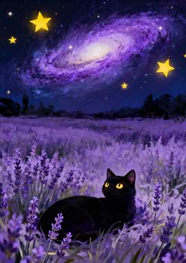 Black cat in lavender field at night