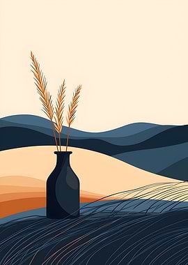 Minimalist Landscape with Vase and Wheat