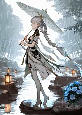 Anime girl with umbrella in rain