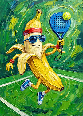 Banana playing tennis painting