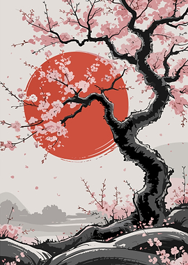 Cherry Blossom Tree with Rising Sun