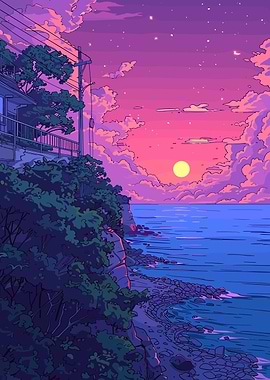 Coastal Sunset Anime Style