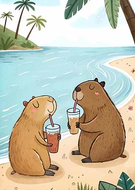 Capybaras enjoying drinks on the beach