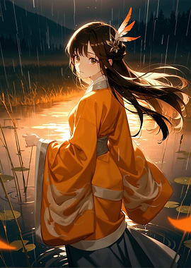 Anime Girl in Rain, Orange Kimono
