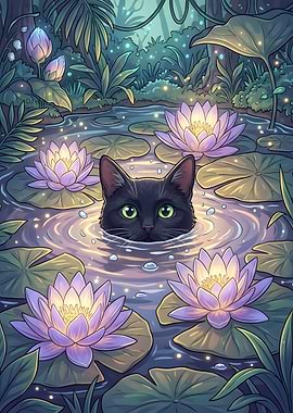 Black Cat in Lily Pond