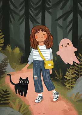 Girl, Cat, and Ghost in Forest