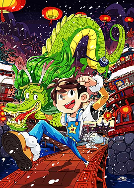 Boy with Dragon in Asian Town