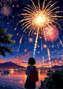 Fireworks Display over Cityscape with Girl