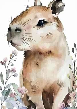 Watercolor Capybara with Floral Accents
