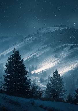 Snowy Mountain Landscape with Pine Trees
