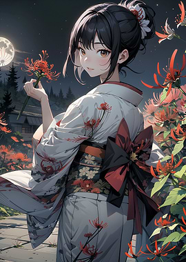Anime Girl in Kimono with Red Flowers