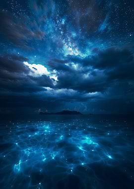 Bioluminescent Ocean Under Starry Night