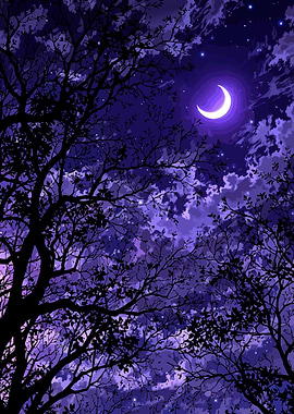 Purple Night Sky with Crescent Moon